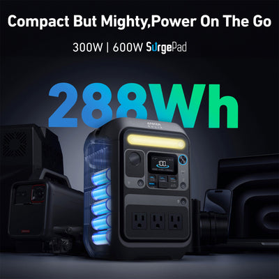 Anker SOLIX C300X 288Wh Portable Power Station - Travel-Friendly & Fast Charge - Black
