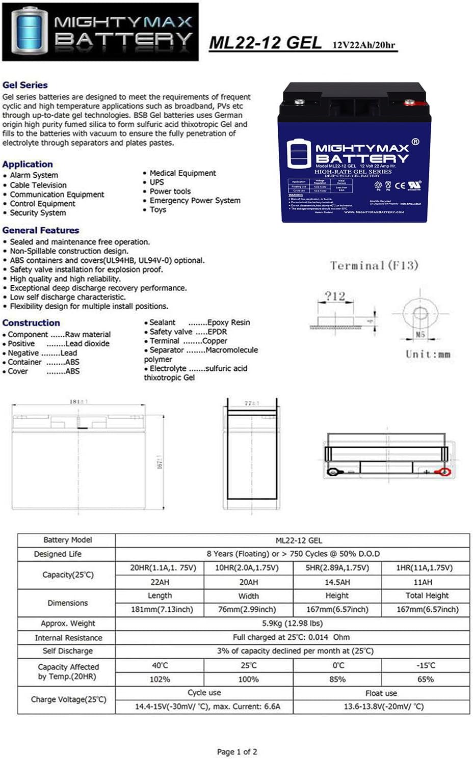 Mighty Max ML22-12GEL 12V 22 AH GEL Rechargeable Maintenance Free SLA AGM Battery