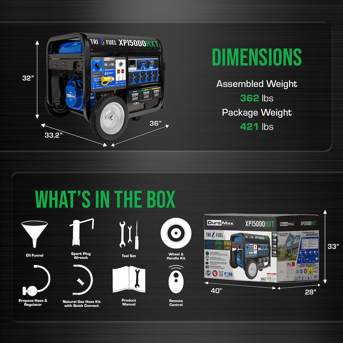 DuroMax XP15000HXT 15,000 Watt Electric Start Tri Fuel Portable Genera ...