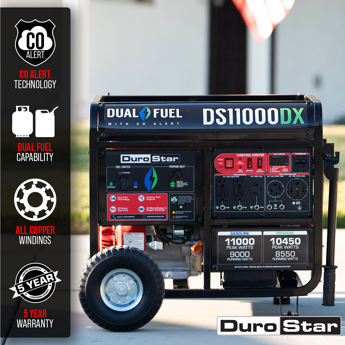 DuroStar DS11000DX 11,000W/9,000W 457cc Electric Start Dual Fuel Portable Generator w/ CO Alert