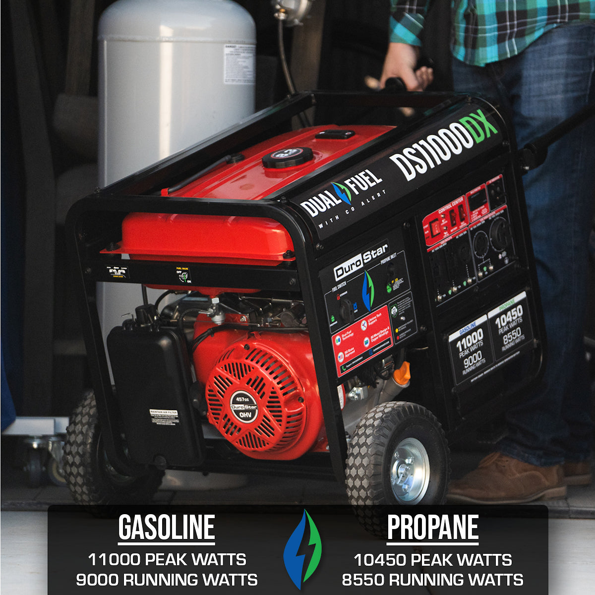 DuroStar DS11000DX 11,000W/9,000W 457cc Electric Start Dual Fuel Portable Generator w/ CO Alert
