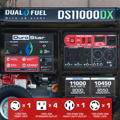 DuroStar DS11000DX 11,000W/9,000W 457cc Electric Start Dual Fuel Portable Generator w/ CO Alert