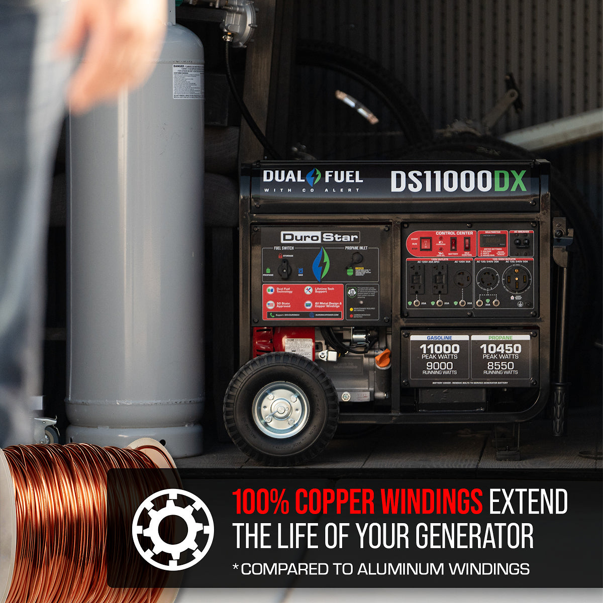 DuroStar DS11000DX 11,000W/9,000W 457cc Electric Start Dual Fuel Portable Generator w/ CO Alert
