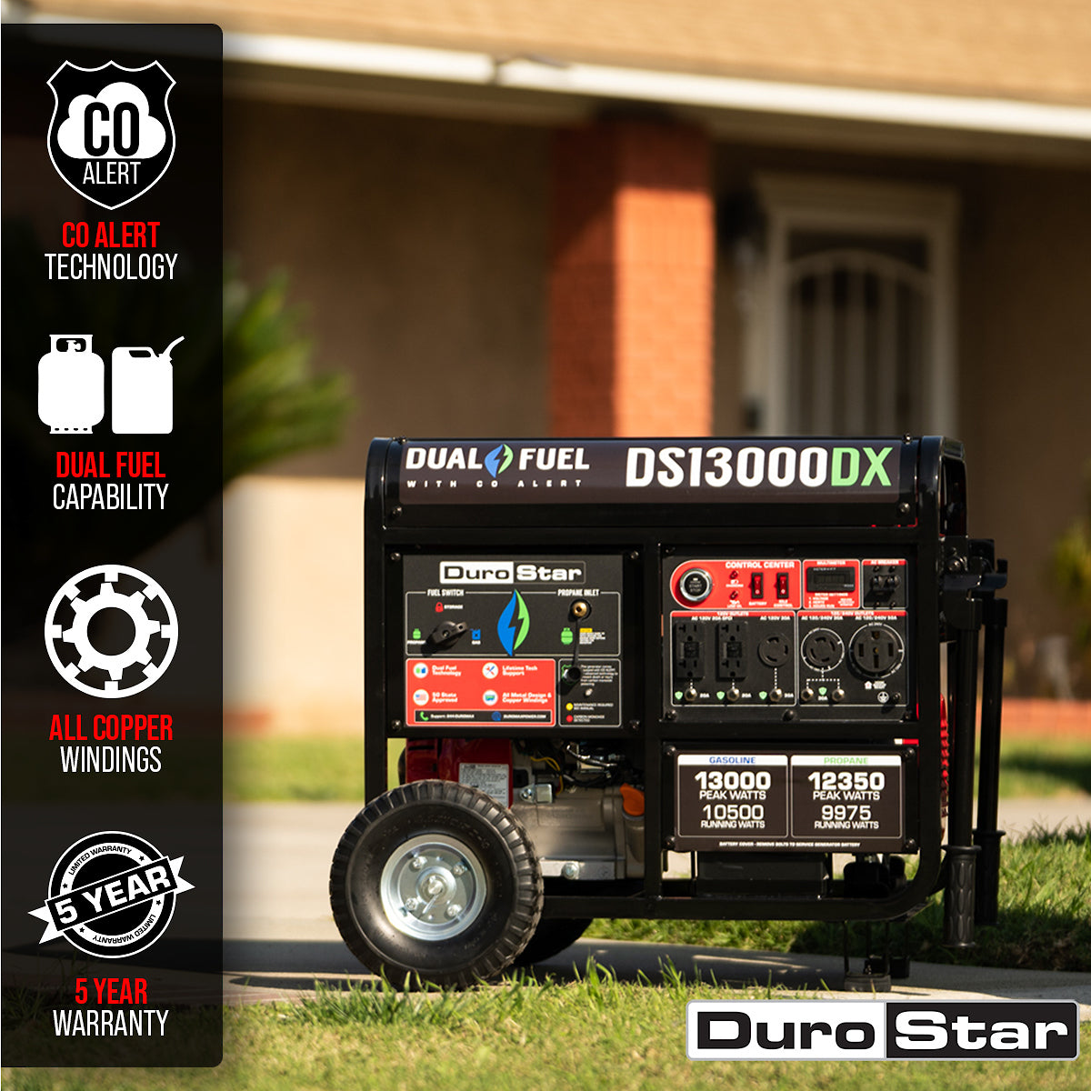 DuroStar DS13000DX 13,000W/10,500W 500cc Electric Start Dual Fuel Portable Generator w/ CO Alert