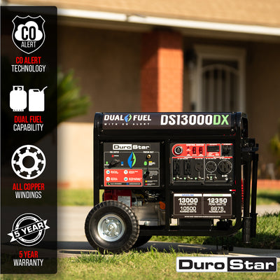 DuroStar DS13000DX 13,000W/10,500W 500cc Electric Start Dual Fuel Portable Generator w/ CO Alert