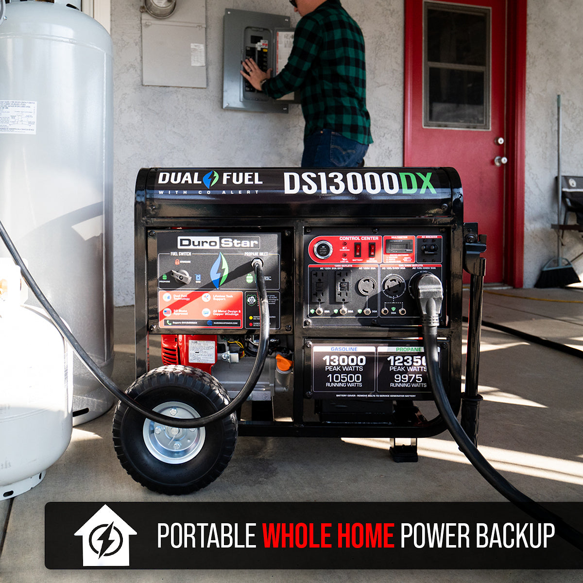 DuroStar DS13000DX 13,000W/10,500W 500cc Electric Start Dual Fuel Portable Generator w/ CO Alert