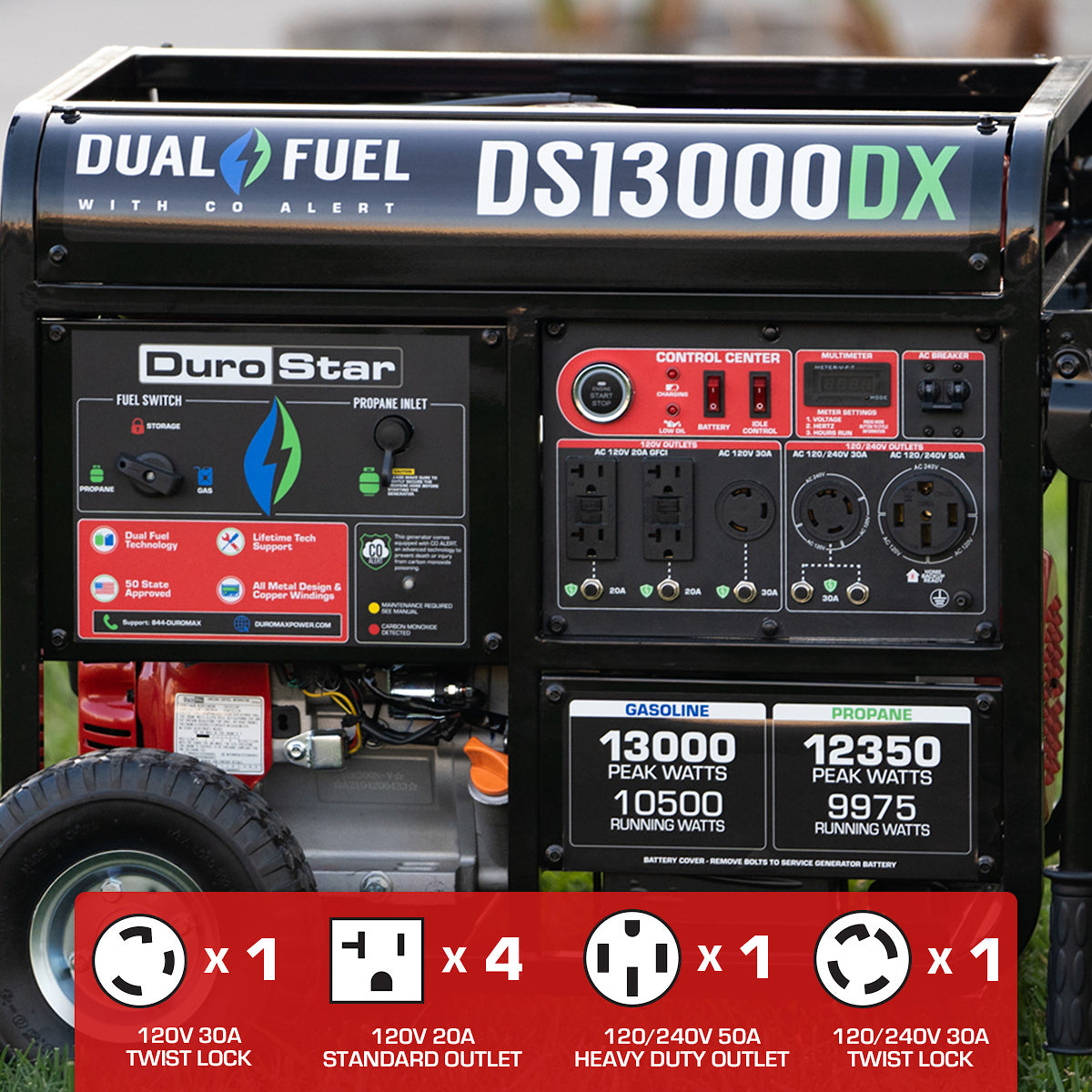 DuroStar DS13000DX 13,000W/10,500W 500cc Electric Start Dual Fuel Portable Generator w/ CO Alert