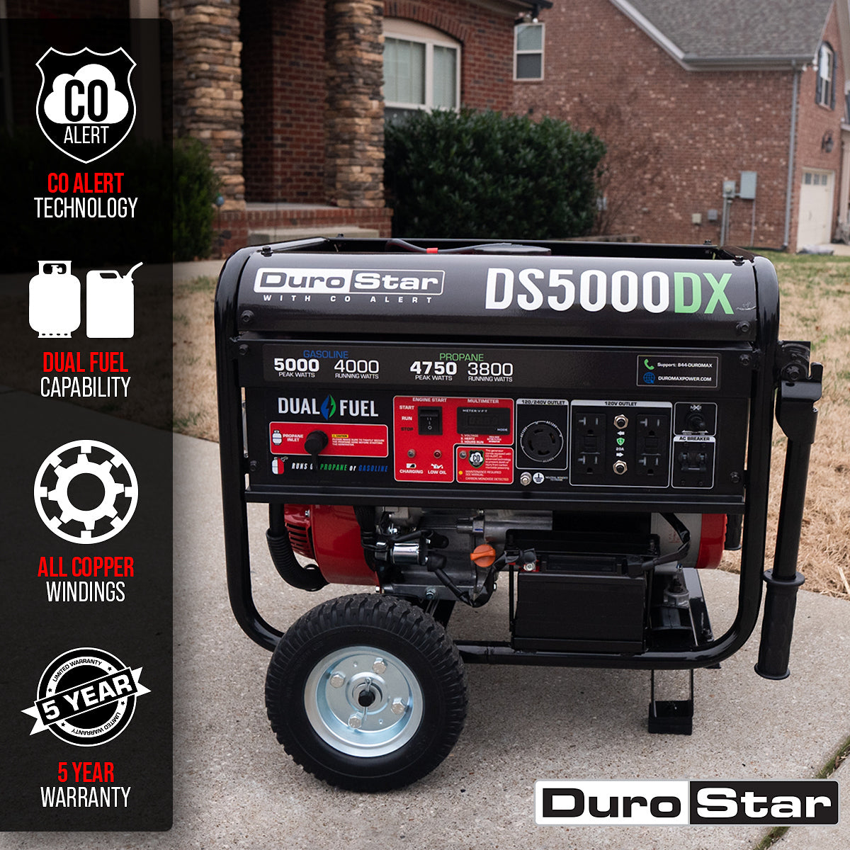 DuroStar DS5000DX 5,000W/4,000W 224cc Electric Start Dual Fuel Portable Generator w/ CO Alert