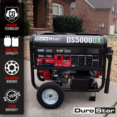 DuroStar DS5000DX 5,000W/4,000W 224cc Electric Start Dual Fuel Portable Generator w/ CO Alert