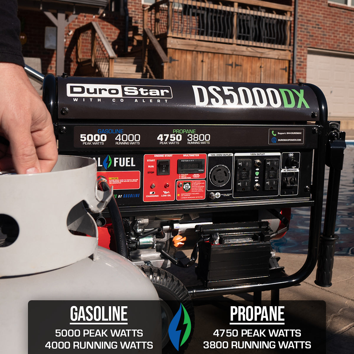DuroStar DS5000DX 5,000W/4,000W 224cc Electric Start Dual Fuel Portable Generator w/ CO Alert