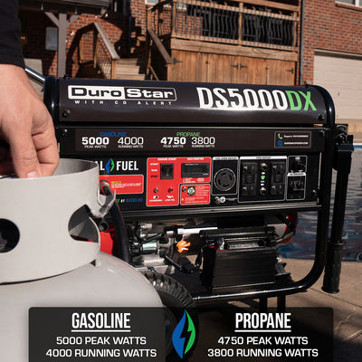 DuroStar DS5000DX 5,000W/4,000W 224cc Electric Start Dual Fuel Portable Generator w/ CO Alert