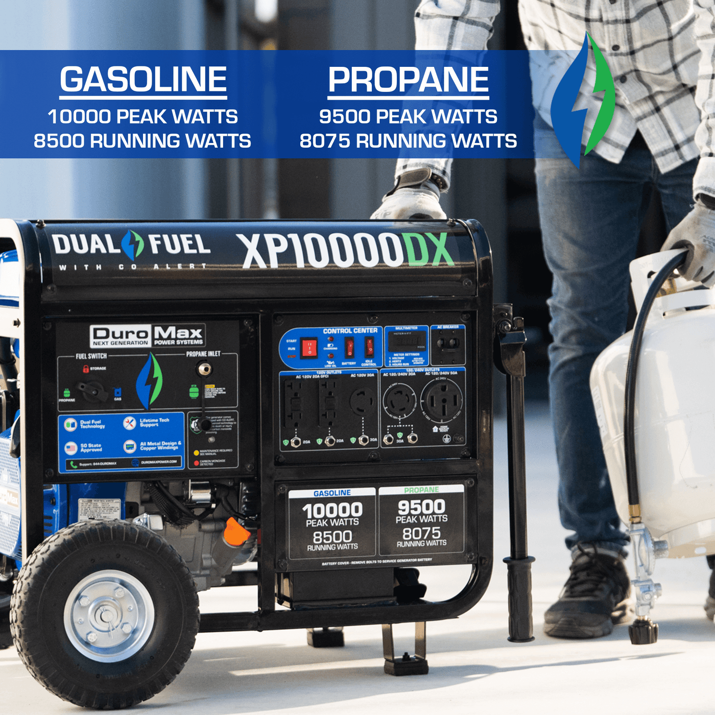 DuroMax XP10000DX 10,000 Watt Dual Fuel Gas Propane Portable Generator w/ CO Alert