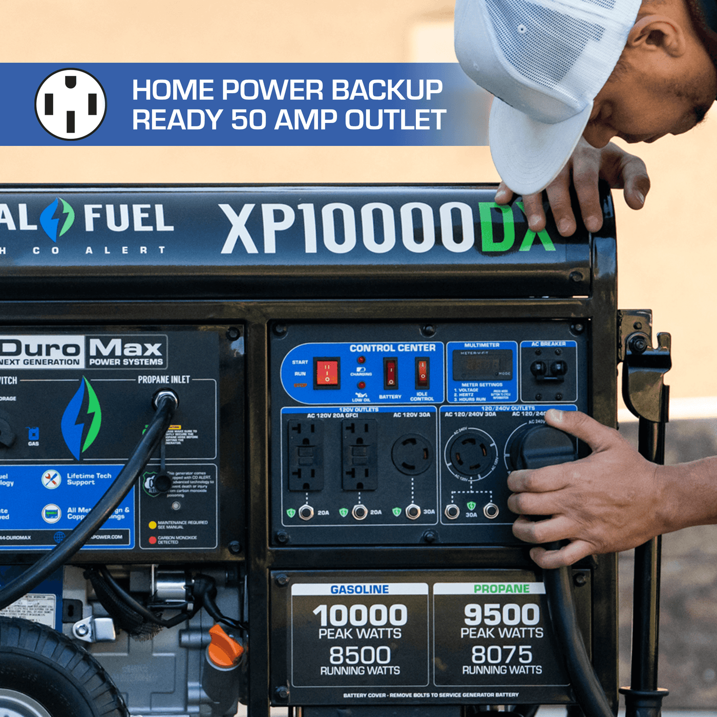 DuroMax XP10000DX 10,000 Watt Dual Fuel Gas Propane Portable Generator w/ CO Alert