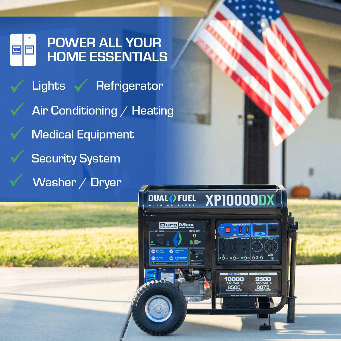 DuroMax XP10000DX 10,000 Watt Dual Fuel Gas Propane Portable Generator w/ CO Alert