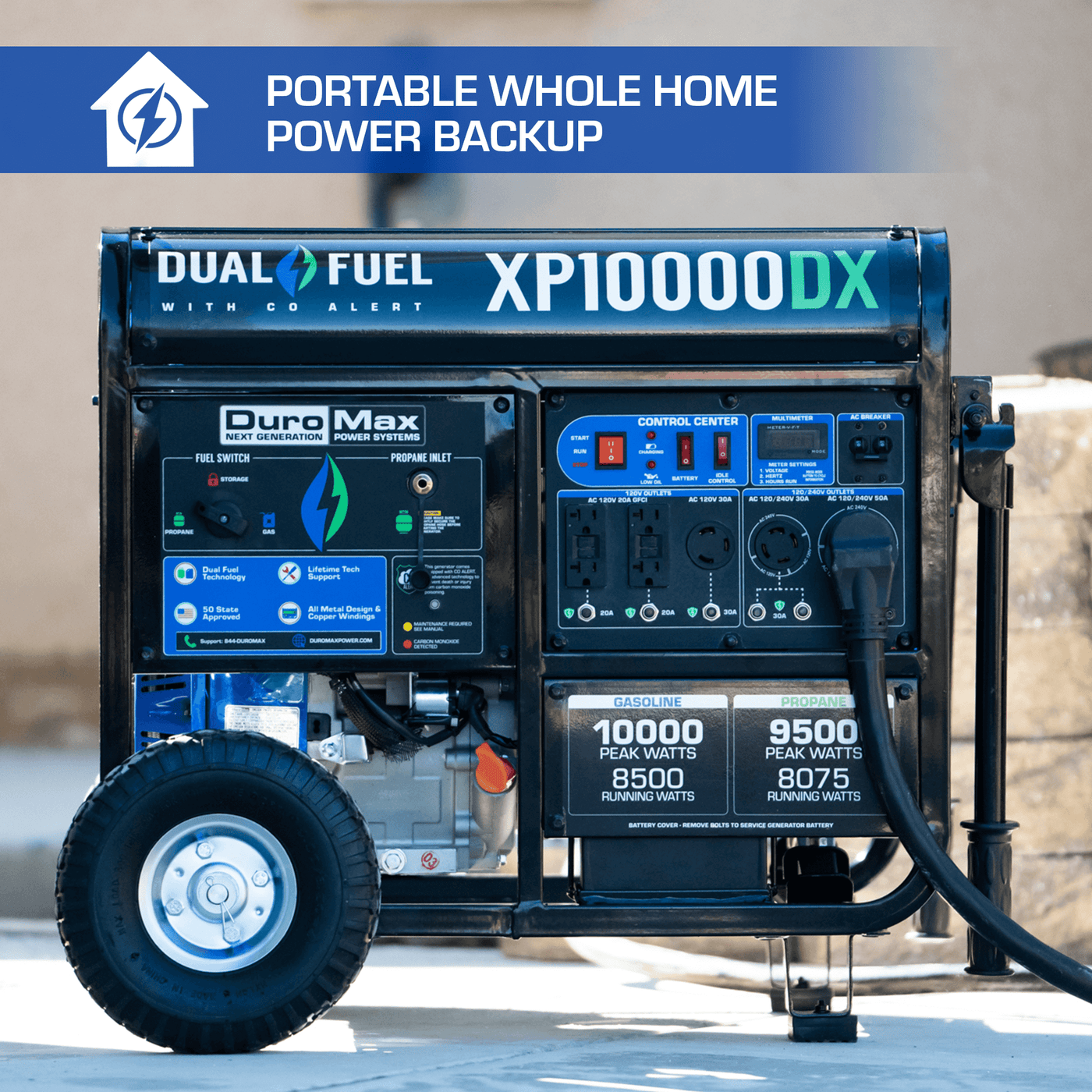 DuroMax XP10000DX 10,000 Watt Dual Fuel Gas Propane Portable Generator w/ CO Alert