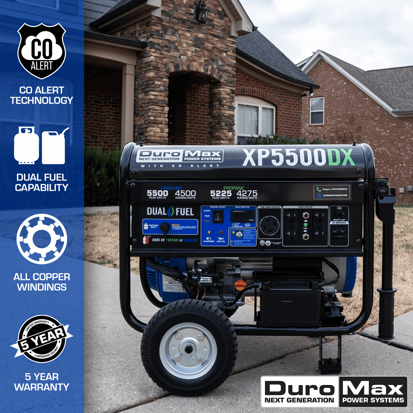 DuroMax XP5500DX 5,500 Watt Dual Fuel Gas Propane Portable Generator w/ CO Alert