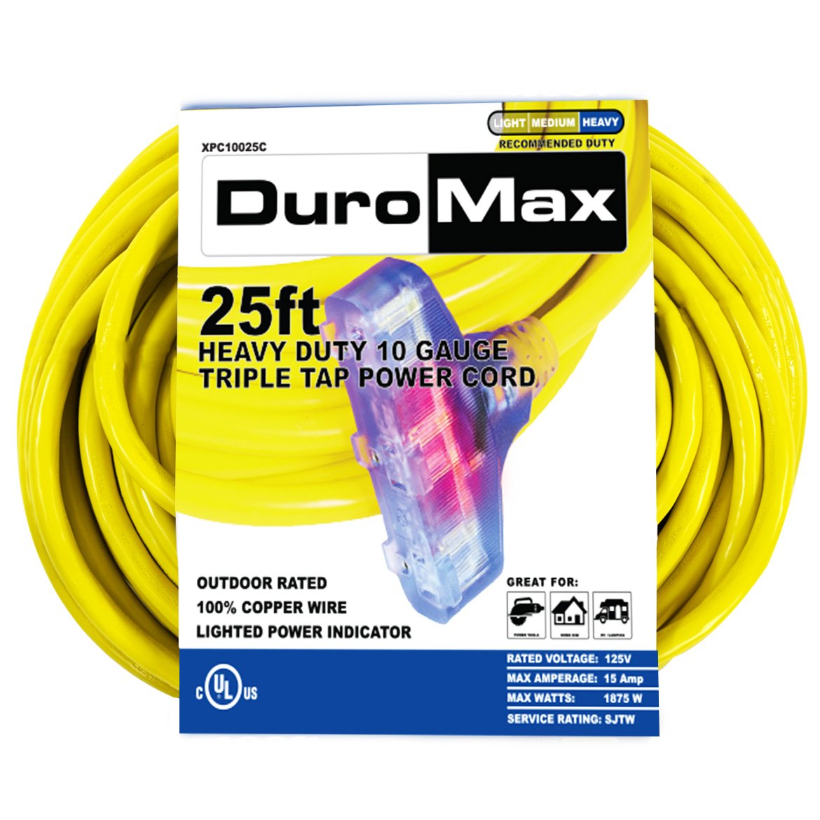 DuroMax XPC10025C 25-Foot 10 Gauge Triple Tap Extension Power Cord ...