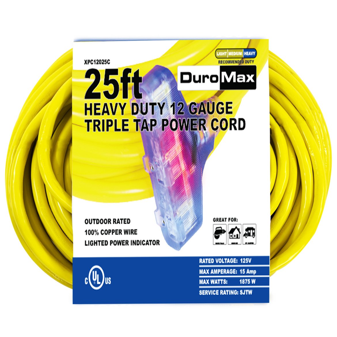 DuroMax XPC12025C 25-Foot 12 Gauge Triple Tap Extension Power Cord ...