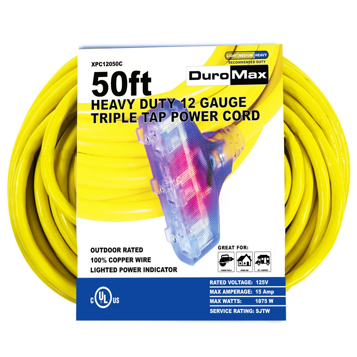 DuroMax XPC12050C 50-Foot 12 Gauge Triple Tap Extension Power Cord ...
