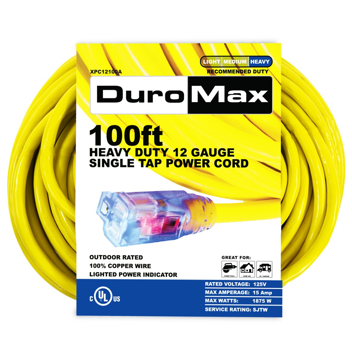 DuroMax XPC12100A 100-Foot 12 Gauge Single Tap Extension Power Cord ...
