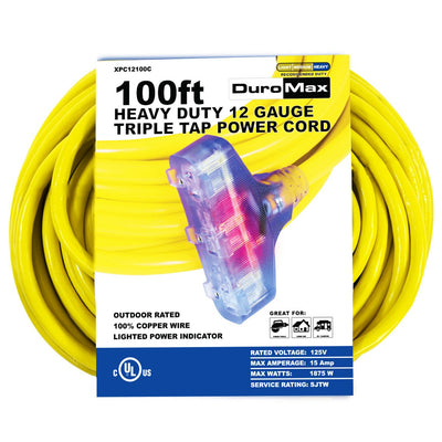 DuroMax XPC12100C 100-Foot 12 Gauge Triple Tap Extension Power Cord